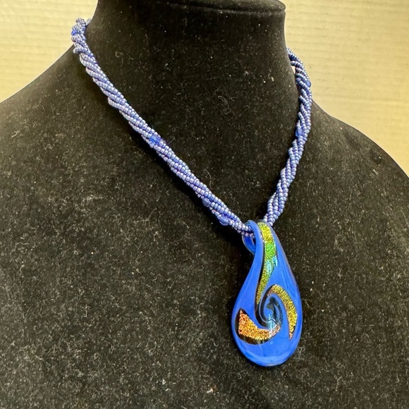 Art Glass Blue Hand Blown Glass Pendant With Seed Bead Multi-Strand Necklace - Picture 5 of 16